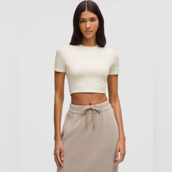 Lululemon Wundermost Ultra-Soft Nulu Crewneck Cropped T-Shirt in Light Ivory - Picture 1 of 5